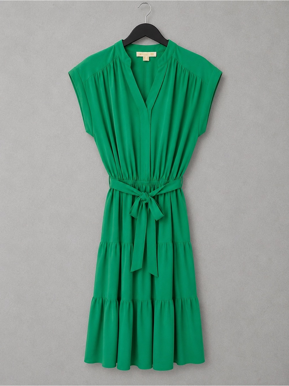 Monteau Los Angeles Green Tiered Midi Dress Size S Belted Cap Sleeve
